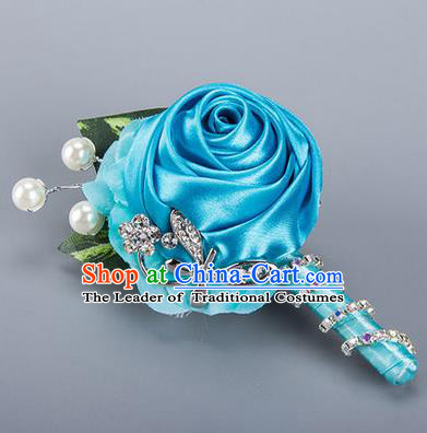 Top Grade Classical Wedding Crystal Silk Flowers,Groom Emulational Corsage Groomsman Blue Ribbon Pearl Brooch Flowers for Men