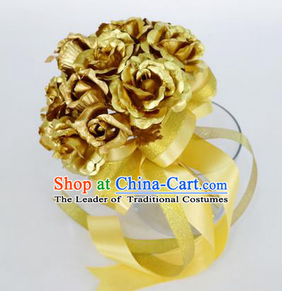 Top Grade Classical Wedding Golden Rose Flower Brooch, Bride Emulational Corsage Bridesmaid Brooch Flowers for Women