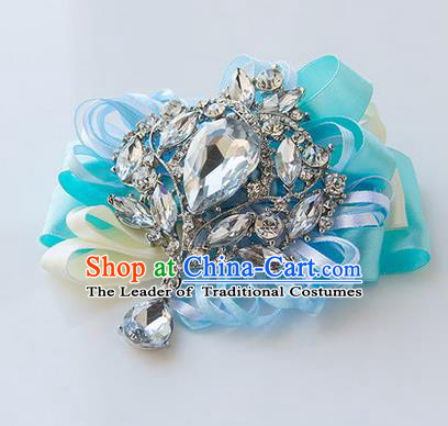 Top Grade Classical Wedding Light Blue Ribbon Corsage Brooch, Bride Emulational Corsage Bridemaid Crystal Brooch Flowers for Women