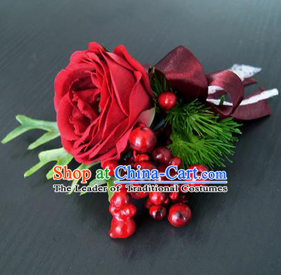 Top Grade Classical Wedding Red Rose Corsage Brooch, Bride Emulational Corsage Bridemaid Brooch Flowers for Women