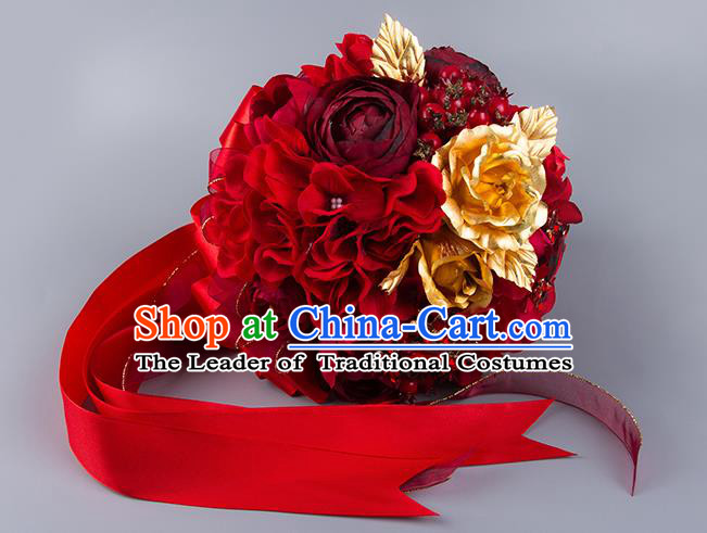 Top Grade Classical China Wedding Extravagant Red Ribbon Flowers Nosegay, Bride Holding Luxury Crystal Flowers Ball Hand Tied Bouquet Flowers for Women
