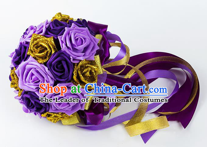 Top Grade Classical Wedding Bride Purple Rose Flowers Holding Emulational Flowers Ball, Hand Tied Bouquet Flowers for Women