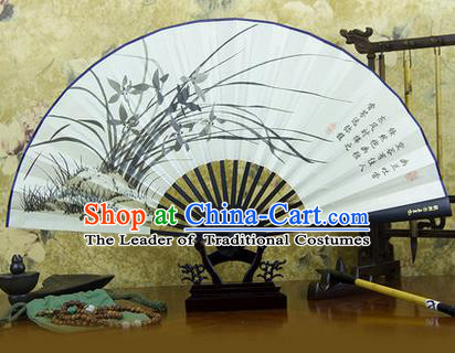 Traditional Chinese Crafts Ebonize Folding Fan, China Sensu Ink Painting Orchid Silk Fan Hanfu Fans for Men