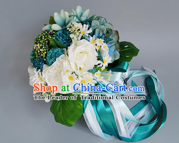 Top Grade Classical Wedding Bride Blue Silk Flowers Holding Emulational Flowers Ball, Crystal Hand Tied Bouquet Flowers for Women