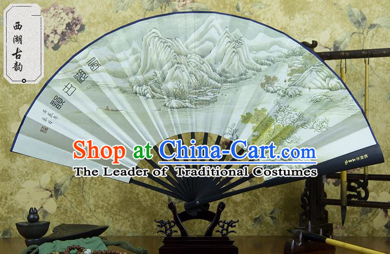 Traditional Chinese Handmade Crafts Ebonize Folding Fan, China Sensu Painting Hangzhou View Silk Fan Hanfu Fans for Men