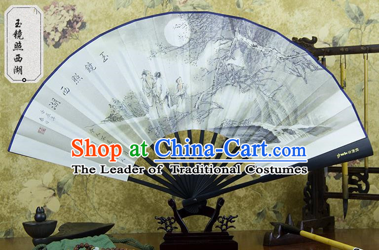 Traditional Chinese Handmade Crafts Ebonize White Folding Fan, China Sensu Painting Hangzhou West Lake View Silk Fan Hanfu Fans for Men