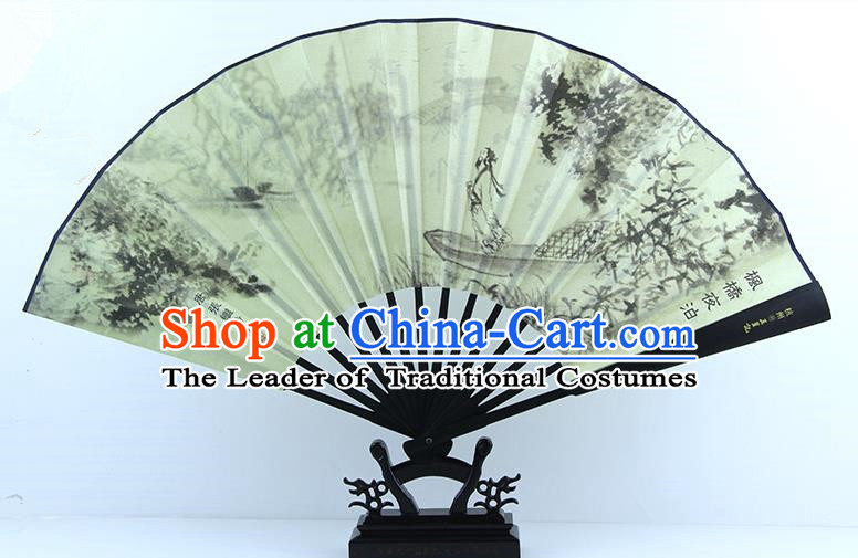 Traditional Chinese Handmade Crafts Ebonize White Folding Fan, China Sensu Painting Soliloquy at Cold Mountain Temple Silk Fan Hanfu Fans for Men
