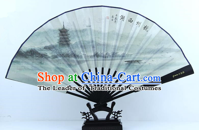 Traditional Chinese Handmade Crafts Ebonize Folding Fan, China Sensu Painting Hangzhou West Lake Scenery Silk Fan Hanfu Fans for Men