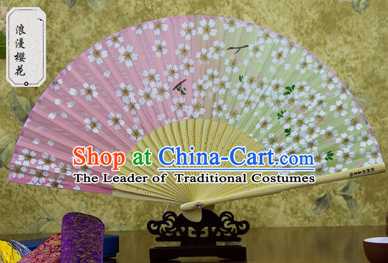 Traditional Chinese Handmade Crafts Folding Fan, China Pink Printing Oriental Cherry Sensu Silk Fan Hanfu Fans for Women