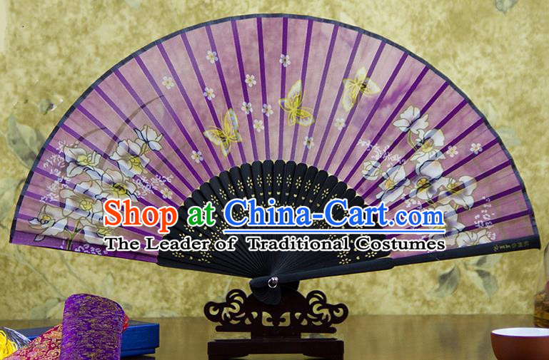 Traditional Chinese Handmade Crafts Folding Fan, China Printing Butterfly Sensu Purple Silk Fan Hanfu Fans for Women