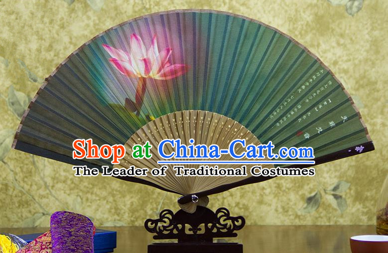 Traditional Chinese Handmade Crafts Folding Fan, China Printing Lotus Flower Sensu Green Silk Fan Hanfu Fans for Women