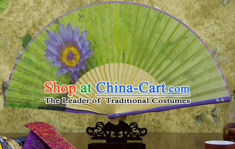 Traditional Chinese Handmade Crafts Folding Fan, China Printing Blue Lotus Flower Sensu Silk Fan Hanfu Fans for Women