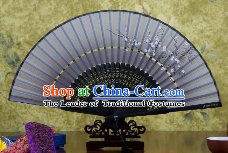Traditional Chinese Handmade Crafts Two-segment Folding Fan, China Printing Plum Blossom Sensu Grey Silk Fan Hanfu Fans for Women