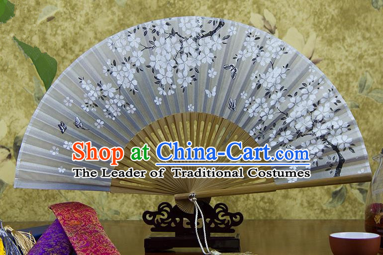 Traditional Chinese Handmade Crafts Hand Painting Butterfly Flowers Folding Fan, China Classical Oriental Cherry Sensu Silk Fan Hanfu Fans for Women