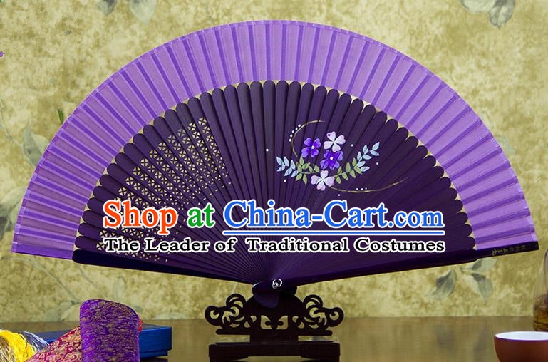 Traditional Chinese Handmade Crafts Hand Painting Flowers Folding Fan, China Classical Purple Sensu Silk Fan Hanfu Fans for Women