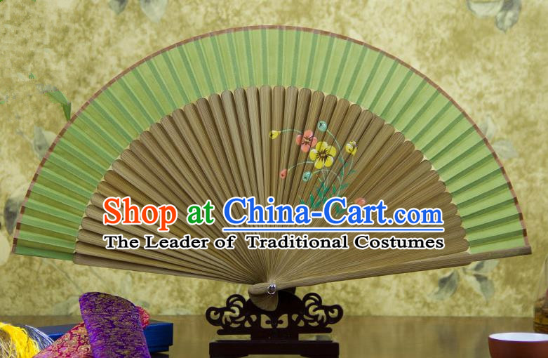 Traditional Chinese Handmade Crafts Hand Painting Flowers Folding Fan, China Classical Green Sensu Silk Fan Hanfu Fans for Women