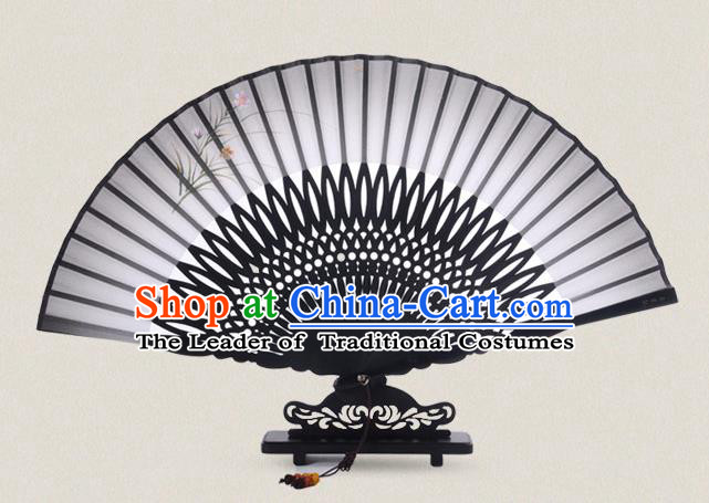 Traditional Chinese Handmade Crafts Painting Flowers Folding Fan, China Classical Sensu Grey Silk Fan Hanfu Fans for Women
