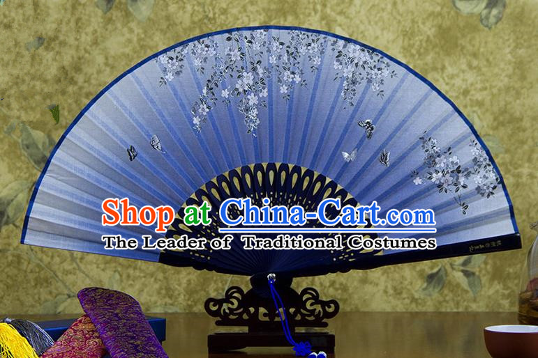 Traditional Chinese Handmade Crafts Printing Flower Folding Fan, China Classical Linen Sensu Blue Fan Hanfu Fans for Women