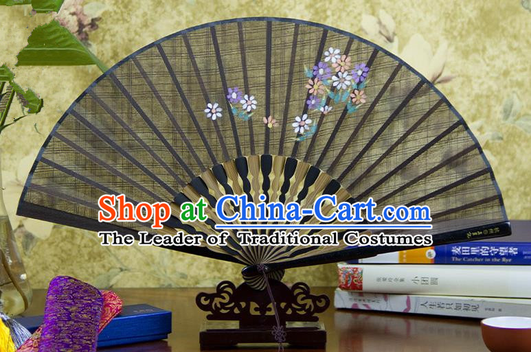 Traditional Chinese Handmade Crafts Printing Flower Folding Fan, China Classical Linen Sensu Coffee Fan Hanfu Fans for Women
