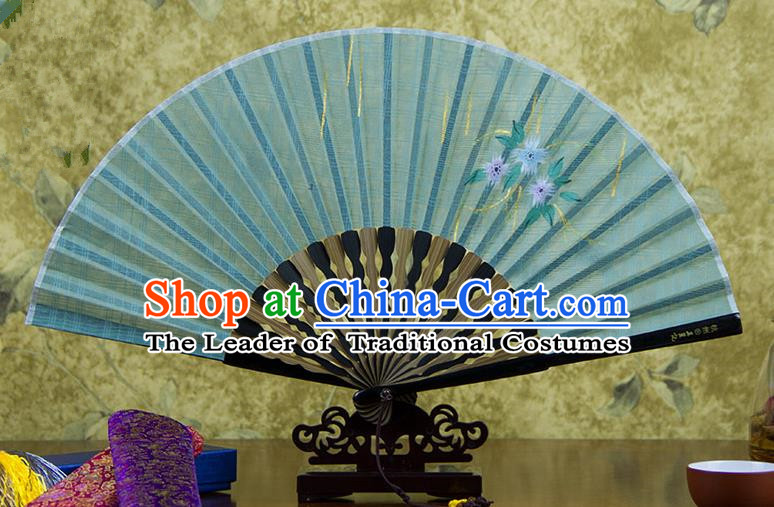 Traditional Chinese Handmade Crafts Printing Flower Folding Fan, China Classical Linen Sensu Green Fan Hanfu Fans for Women