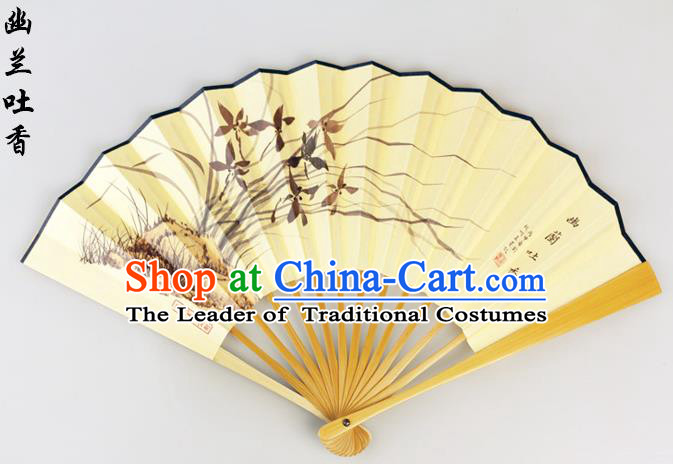 Traditional Chinese Handmade Crafts Pure Silk Folding Fan, China Classical Sensu Ink Painting Orchid Fan Hanfu Fans for Men