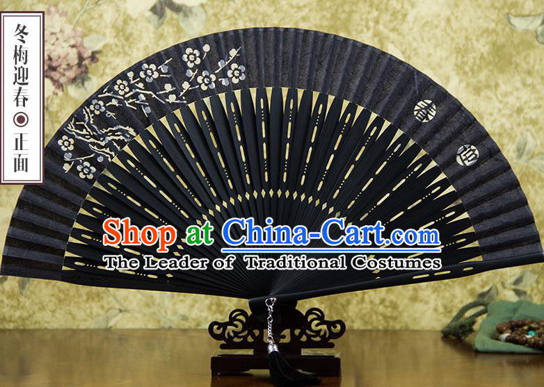 Traditional Chinese Handmade Crafts Silk Folding Fan, China Classical Sensu Printing Winter Plum Fan Hanfu Fans for Men