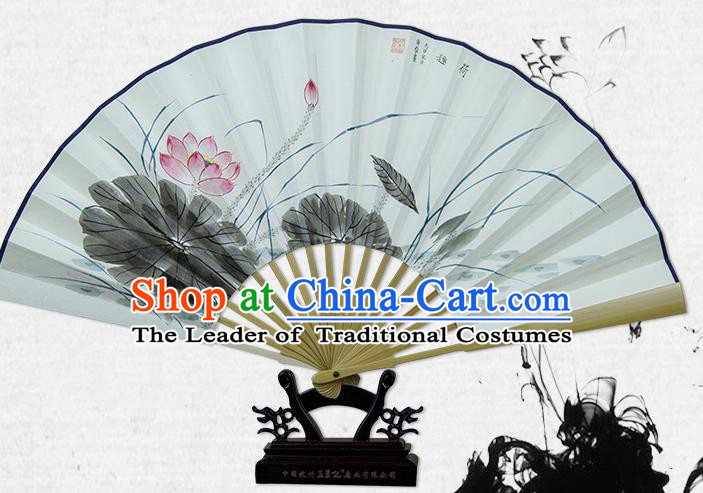 Traditional Chinese Handmade Crafts Xuan Paper Folding Fan, China Classical Art Paper Sensu Ink Painting Lotus Fan Hanfu Fans for Men