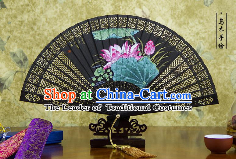 Traditional Chinese Handmade Crafts Ebomy Folding Fan, China Classical Hand Painting Lotus Sensu Hollow Out Fan Hanfu Fans for Women
