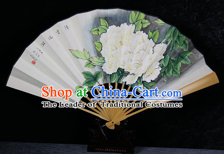 Traditional Chinese Handmade Crafts Water Jade Bone Folding Fan, China Classical Art Paper Hand Painting Peony Sensu Xuan Paper Fan Hanfu Fans for Men