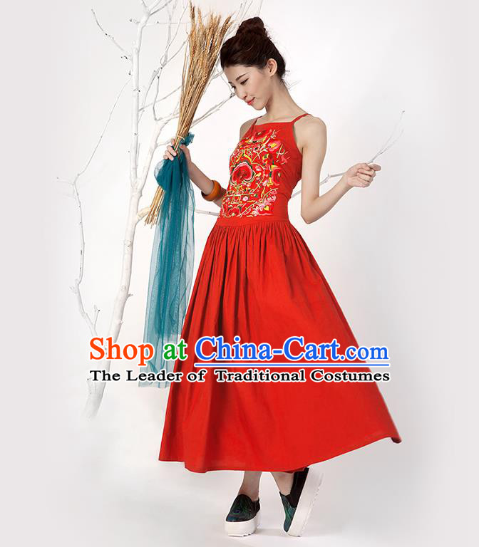 Traditional Chinese Costume Elegant Hanfu Embroidered Flowers Slip Dress, China Tang Suit Red Camisole Dress Clothing for Women