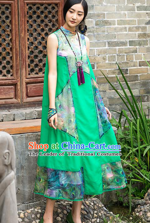 Traditional Chinese Costume Elegant Hanfu Printing Flowers Green Dress, China Tang Suit Cheongsam Qipao Dress Clothing for Women