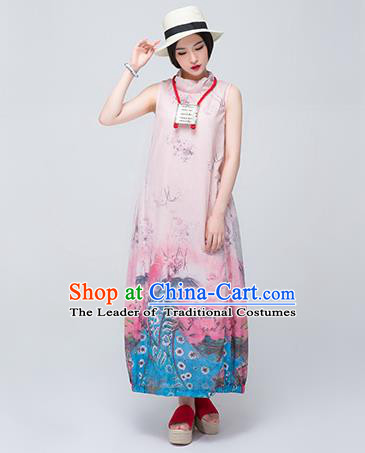 Traditional Chinese Costume Elegant Hanfu Printing Linen Dress, China Tang Suit Cheongsam Qipao Pink Dress Clothing for Women