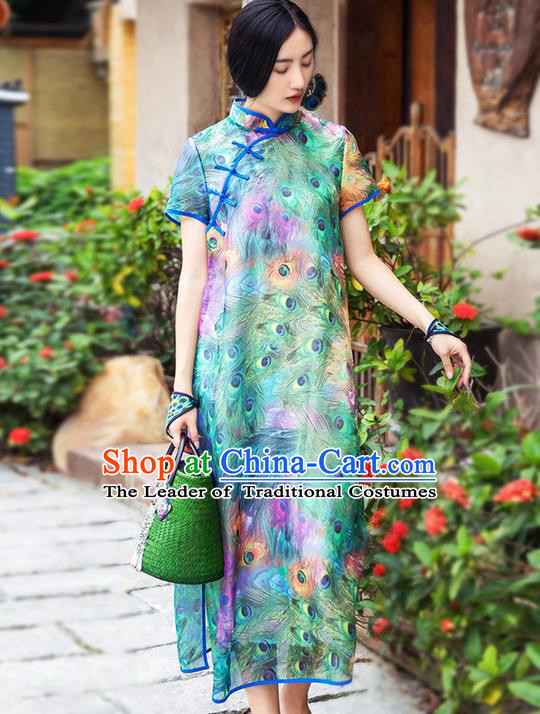 Traditional Chinese Costume Elegant Hanfu Printing Flowers Green Dress, China Tang Suit Cheongsam Silk Qipao Plated Buttons Dress Clothing for Women