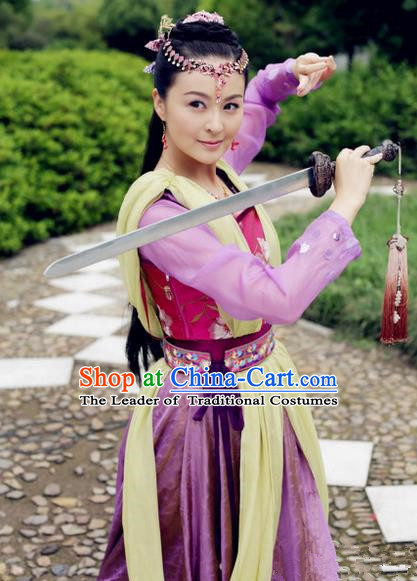 Traditional Ancient Chinese Swordswoman Dress Clothing, Chinese Ancient Tang Dynasty Martial Arts Young Lady Costume and Headpiece Complete Set