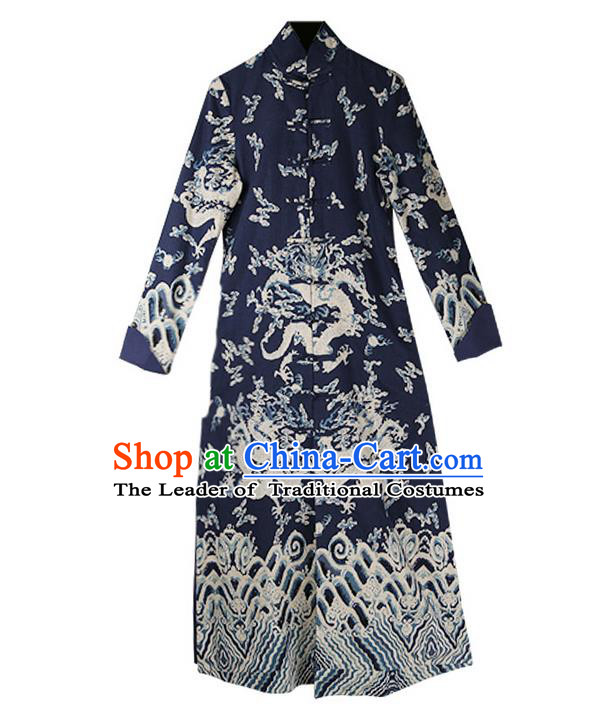 Traditional Chinese Costume Elegant Hanfu Printing Pattern Dress, China Tang Suit Plated Buttons Cheongsam Navy Qipao Dress Clothing for Women