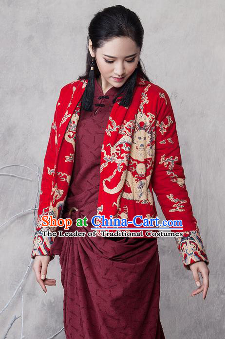 Traditional Chinese Costume Elegant Hanfu Embroidered Dragon Short Coat, China Tang Suit Red Jacket Clothing for Women