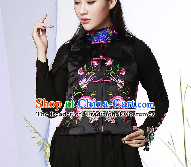 Traditional Ancient Chinese National Costume, Elegant Hanfu Embroidered Shirt, China Tang Suit Blouse Black Plated Buttons Vest for Women