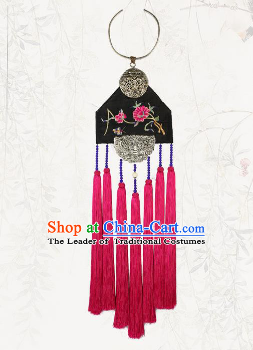 Traditional Chinese Accessories National Embroidered Necklace, China Miao Sliver Tassel Necklet for Women