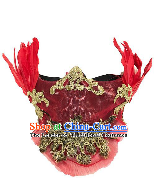 Top Grade Halloween Masquerade Ceremonial Occasions Handmade Model Show Red Feather Mask Headdress for Men