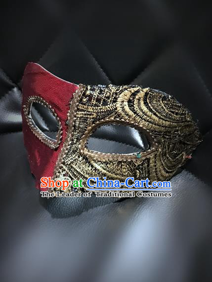 Top Grade Chinese Theatrical Luxury Headdress Ornamental Mask, Halloween Fancy Ball Ceremonial Occasions Handmade Golden and Red Blindfold for Men