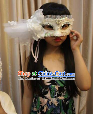 Top Grade Chinese Theatrical Luxury Headdress Ornamental White Veil Mask, Halloween Fancy Ball Ceremonial Occasions Handmade Flower Face Mask for Women