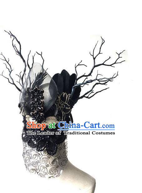 Top Grade Chinese Theatrical Luxury Headdress Ornamental Black Feather Veil Mask, Halloween Fancy Ball Ceremonial Occasions Handmade Headwear Face Mask for Women