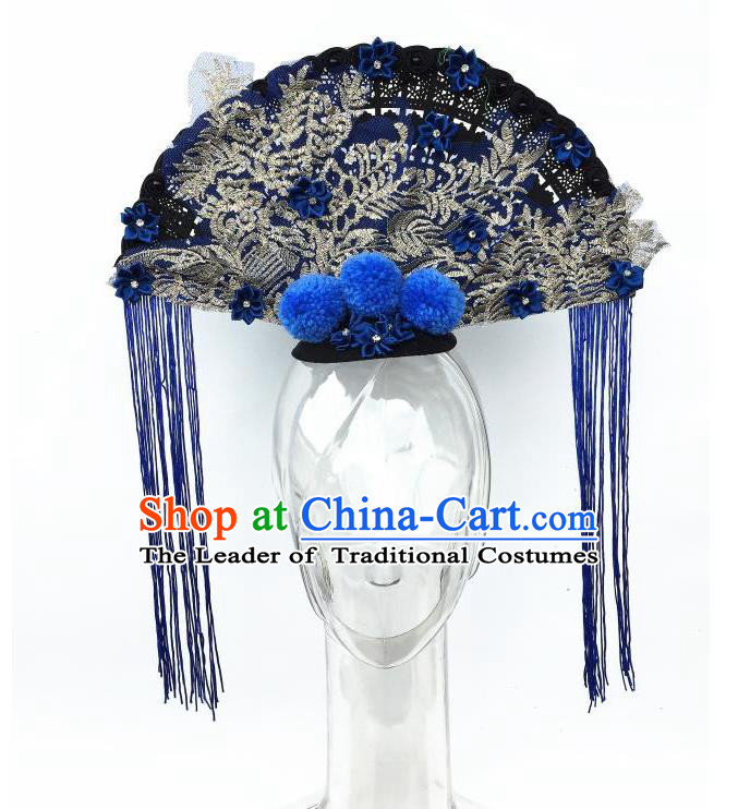 Top Grade Chinese Asian Headpiece Headpieces Model Show Fan Tassel Headdress, Ceremonial Occasions Handmade Traditional Ornamental Flowers Floral Headdress for Women