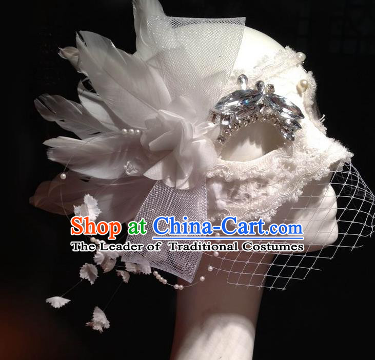 Top Grade Chinese Theatrical Luxury Headdress Ornamental White Veil Mask, Halloween Fancy Ball Ceremonial Occasions Handmade Crystal Face Mask for Women
