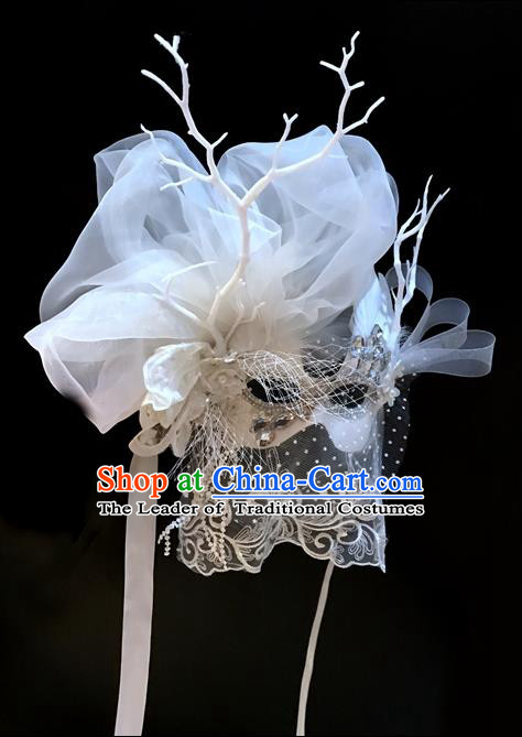 Top Grade Chinese Theatrical Luxury Headdress Ornamental White Veil Mask, Halloween Fancy Ball Asian Headpieces Model Show Headwear for Women