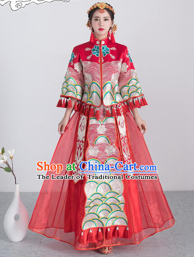 Traditional Ancient Chinese Wedding Costume Handmade XiuHe Suits Embroidery Dress Bride Toast Red Cheongsam, Chinese Style Hanfu Wedding Clothing for Women