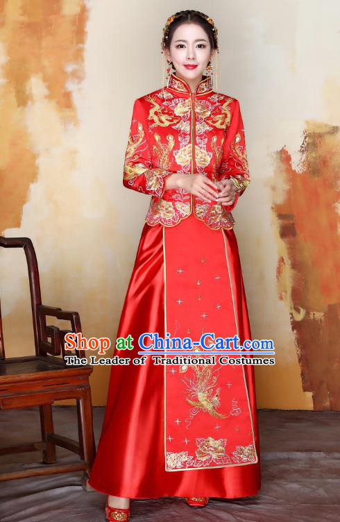 Traditional Ancient Chinese Wedding Costume Handmade XiuHe Suits Embroidery Phoenix Xi Clothing Bride Toast Cheongsam, Chinese Style Hanfu Wedding Clothing for Women