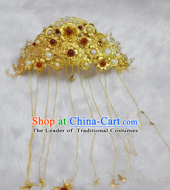 Traditional Handmade Chinese Ancient Classical Hair Accessories Bride Wedding Tassel Phoenix Coronet, Xiuhe Suit Hair Jewellery Hair Fascinators Hairpins for Women