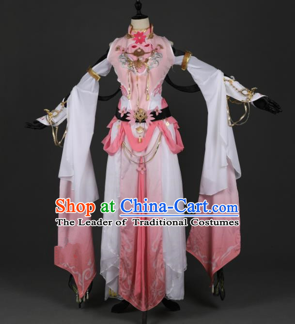 Chinese Ancient Cosplay Tang Dynasty Chivalrous Lady Dance Costumes, Chinese Traditional Pink Hanfu Dress Clothing Chinese Cosplay Swordswoman Costume for Women