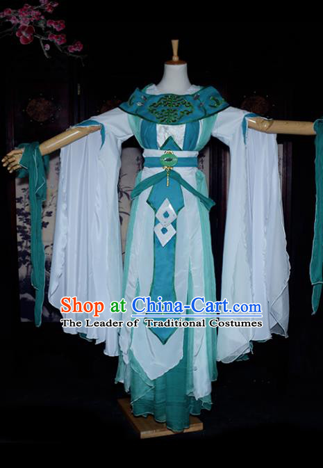 Chinese Ancient Cosplay Tang Dynasty Chivalrous Lady Clothing, Chinese Traditional Green Hanfu Dress Chinese Cosplay Swordswoman Costume for Women